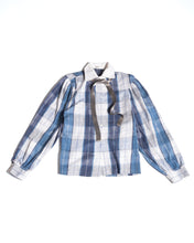 Load image into Gallery viewer, 70&#39;s Blue and White Check Cotton Puff Sleeve Blouse with Ribbon
