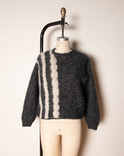 Load image into Gallery viewer, Flecked Grey Mohair HAndknit Sweater With  White Cable knit stripes