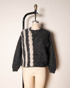 Flecked Grey Mohair HAndknit Sweater With  White Cable knit stripes
