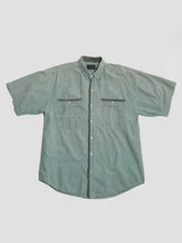 Load image into Gallery viewer, Pale Green and Grey 80s  Striped Cotton Button-Up Top with many pockets (mascM