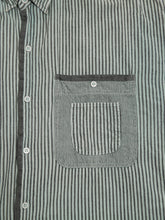 Load image into Gallery viewer, Pale Green and Grey 80s  Striped Cotton Button-Up Top with many pockets (mascM