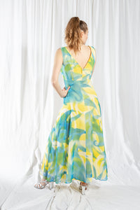 Yellow and Blue Hand-painted Silk Chiffon Dress