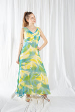 Load image into Gallery viewer, Yellow and Blue Hand-painted Silk Chiffon Dress