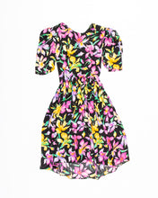 Load image into Gallery viewer, Orchid Print Silk Puff Sleeve  Dress