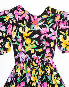Orchid Print Silk Puff Sleeve  Dress