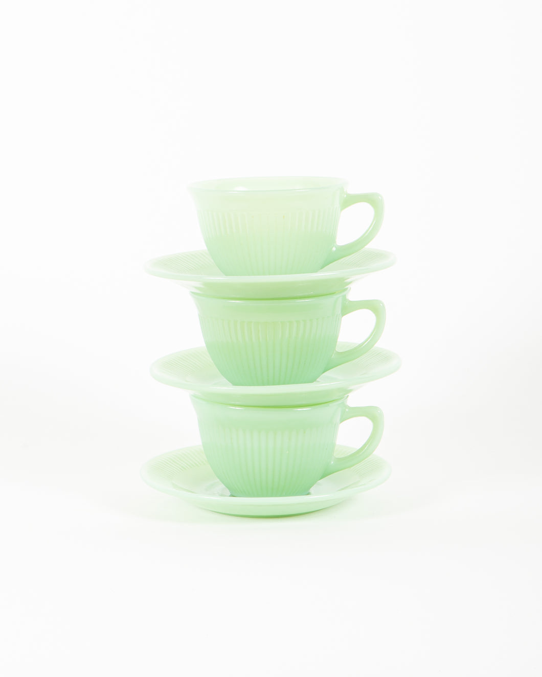 Set of 3 Green Jadeite Cups and Saucers