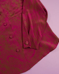 Flora Kung Magenta Chartreuse Thumbprint Silk Blouse with Covered Buttons