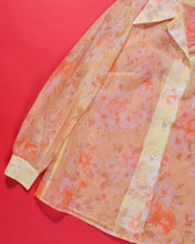 Load image into Gallery viewer, 70s Sheer Yellow and Orange Floral Polyester  Spread Collar Blouse