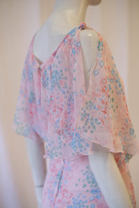 70s Sheer Pink Chiffon Floral Dress