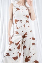 Load image into Gallery viewer, 70s Brown and White Floral Print Cotton Jumpsuit
