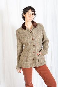 Tailored Tweed Blazer with Fur Trim and Leather Buttons