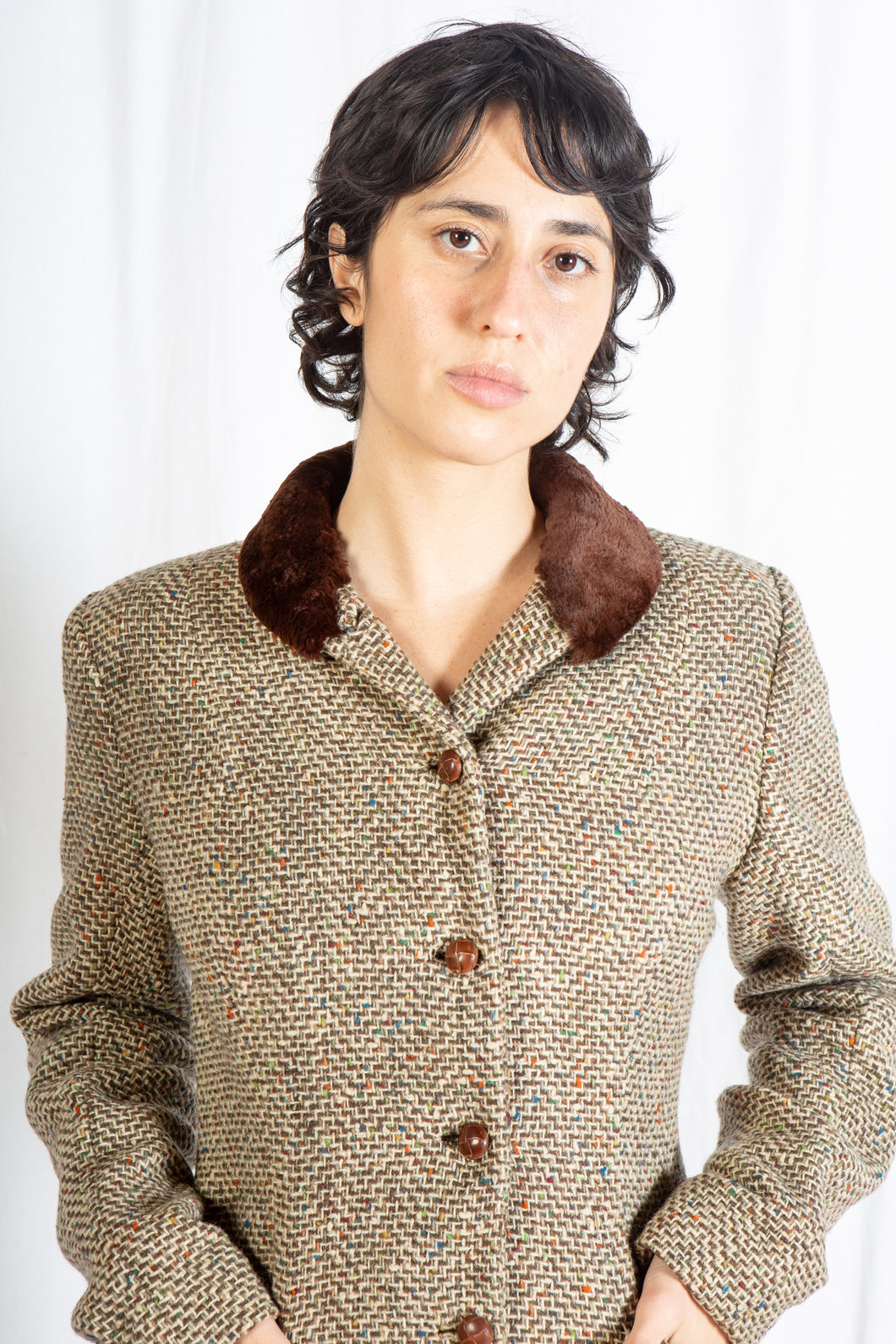 Tailored Tweed Blazer with Fur Trim and Leather Buttons