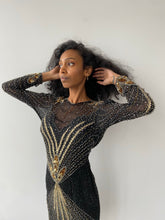 Load image into Gallery viewer, Black &amp; gold sequinned long sleeve mini dress