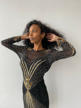 Load image into Gallery viewer, Black & gold sequinned long sleeve mini dress
