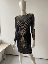 Load image into Gallery viewer, Black & gold sequinned long sleeve mini dress