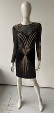 Load image into Gallery viewer, Black &amp; gold sequinned long sleeve mini dress