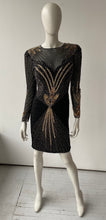 Load image into Gallery viewer, Black & gold sequinned long sleeve mini dress