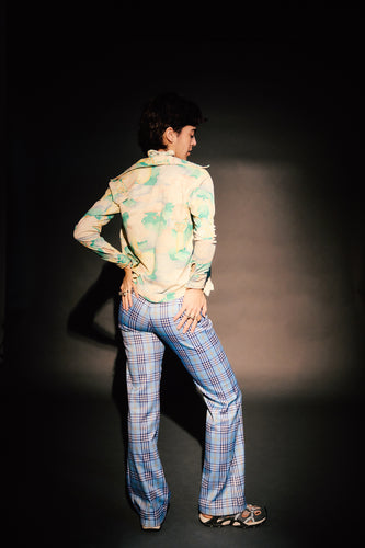 1990's Le Chateau Blue Plaid Stretch Flare Pants