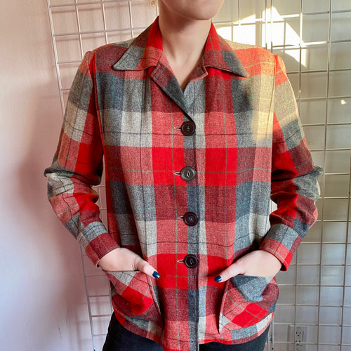 1940's Wool Jacket Plaid Red and Grey 49ers style