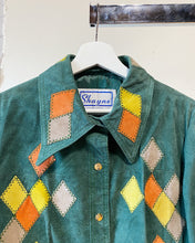 Load image into Gallery viewer, 70s Forest Green Suede Jacket with Diamond Patchwork in Gold and Orange