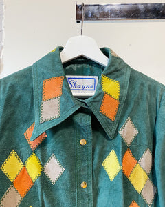 70s Forest Green Suede Jacket with Diamond Patchwork in Gold and Orange