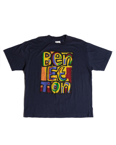 1990s Navy Benetton Painterly Logo T-shirt
