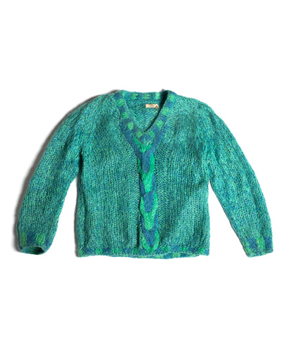 1960s Aqua Blue green Italian  Mohair Vneck Cable Knit Sweater