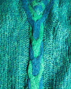 1960s Aqua Blue green Italian  Mohair Vneck Cable Knit Sweater