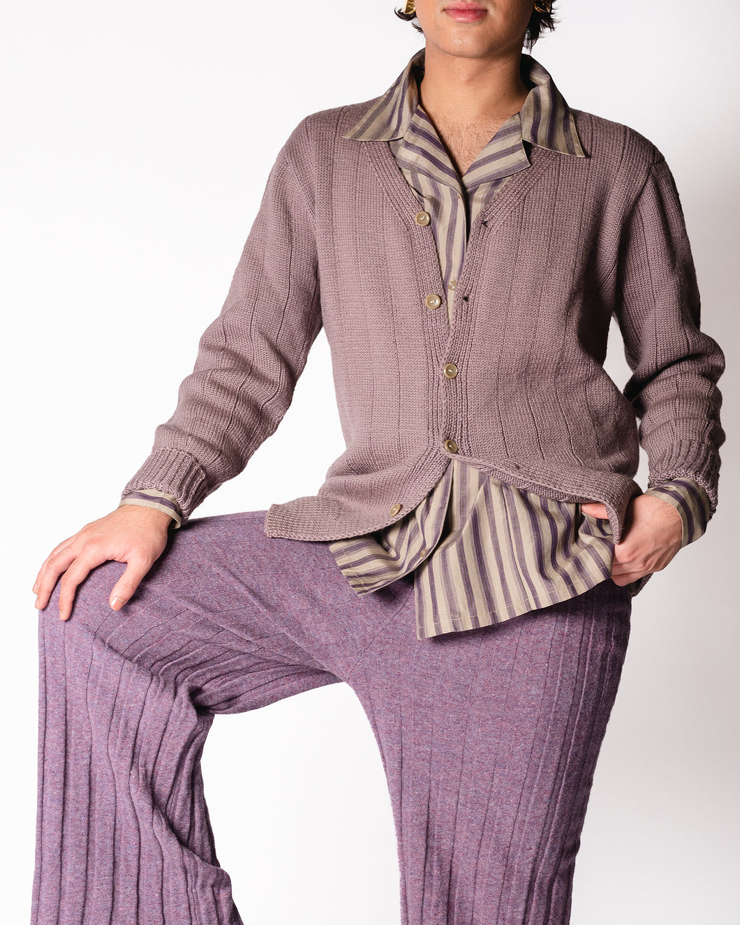 1960s Mauve Grey Handknit Wool Cardigan Sweater