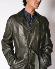 Load image into Gallery viewer, Dark Olive Green 70s leather Coat with  Belt and Wide Lapels L-XL