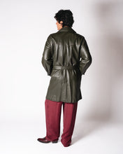 Load image into Gallery viewer, Dark Olive Green 70s leather Coat with  Belt and Wide Lapels L-XL