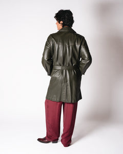 Dark Olive Green 70s leather Coat with  Belt and Wide Lapels L-XL
