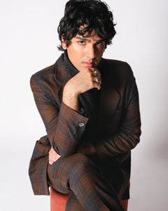 Brown and Charcoal Plaid Wool Pant Suit