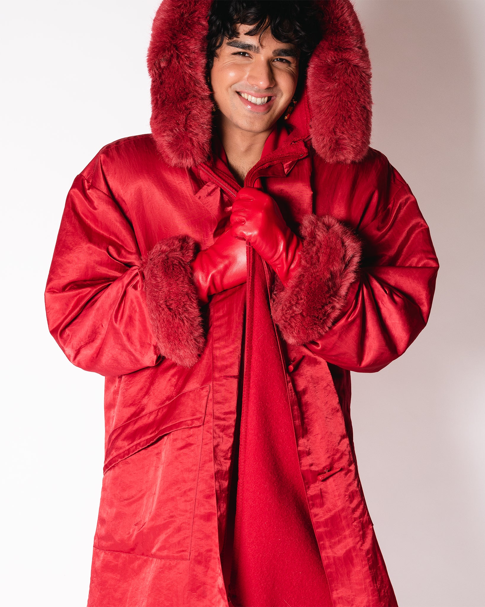う*ん様 LAA Sample Double Lyered Zip Parka Red Wool. LA Parka with Satin overcaot and removable faux fur trim