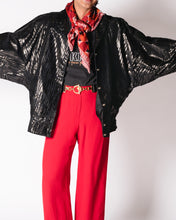Load image into Gallery viewer, 80&#39;s Black Leather Batwing Jacket with zebra print