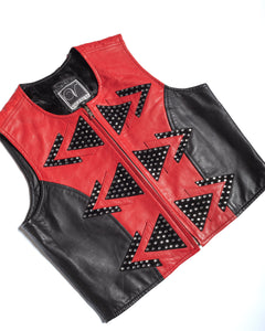 80s Black and Red Leather Studded Triangle Vest