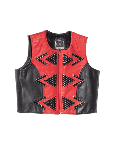 80s Black and Red Leather Studded Triangle Vest