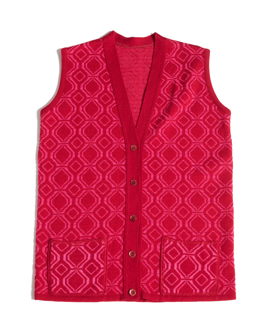 70s Red Knit Button Up Geometric Vest