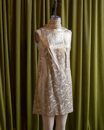 1960s Gold Brocade Jacquard Lamé Mini Mod Party Dress