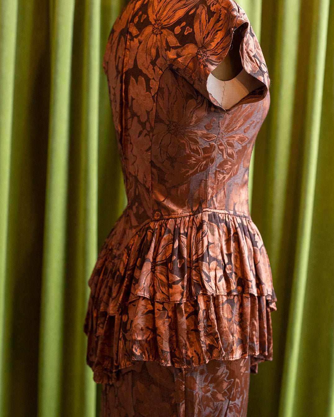 brocade peplum dress Vintage 80s Floral Brocade Peplum Dress, Fitted Waist Cocktail Gown, 40s Style S