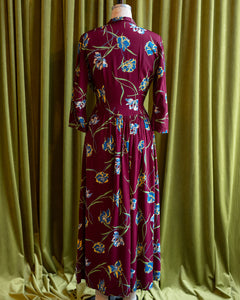 1940s Maroon Zip Front Floral Dressing Gown