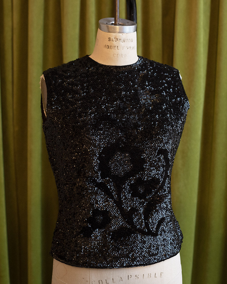 1960's Sequined Black Floral Sleeveless Top