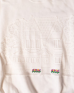 White Sweatshirt with House shaped Lace Panels