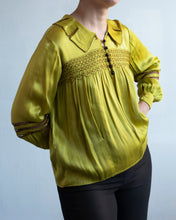 Load image into Gallery viewer, 1930's Chartreuse  Satin Blouse with Brown Ladder Stitching and Shirring