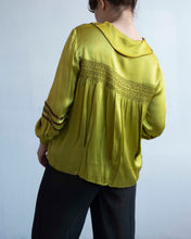 Load image into Gallery viewer, 1930's Chartreuse  Satin Blouse with Brown Ladder Stitching and Shirring