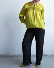 Load image into Gallery viewer, 1930's Chartreuse  Satin Blouse with Brown Ladder Stitching and Shirring
