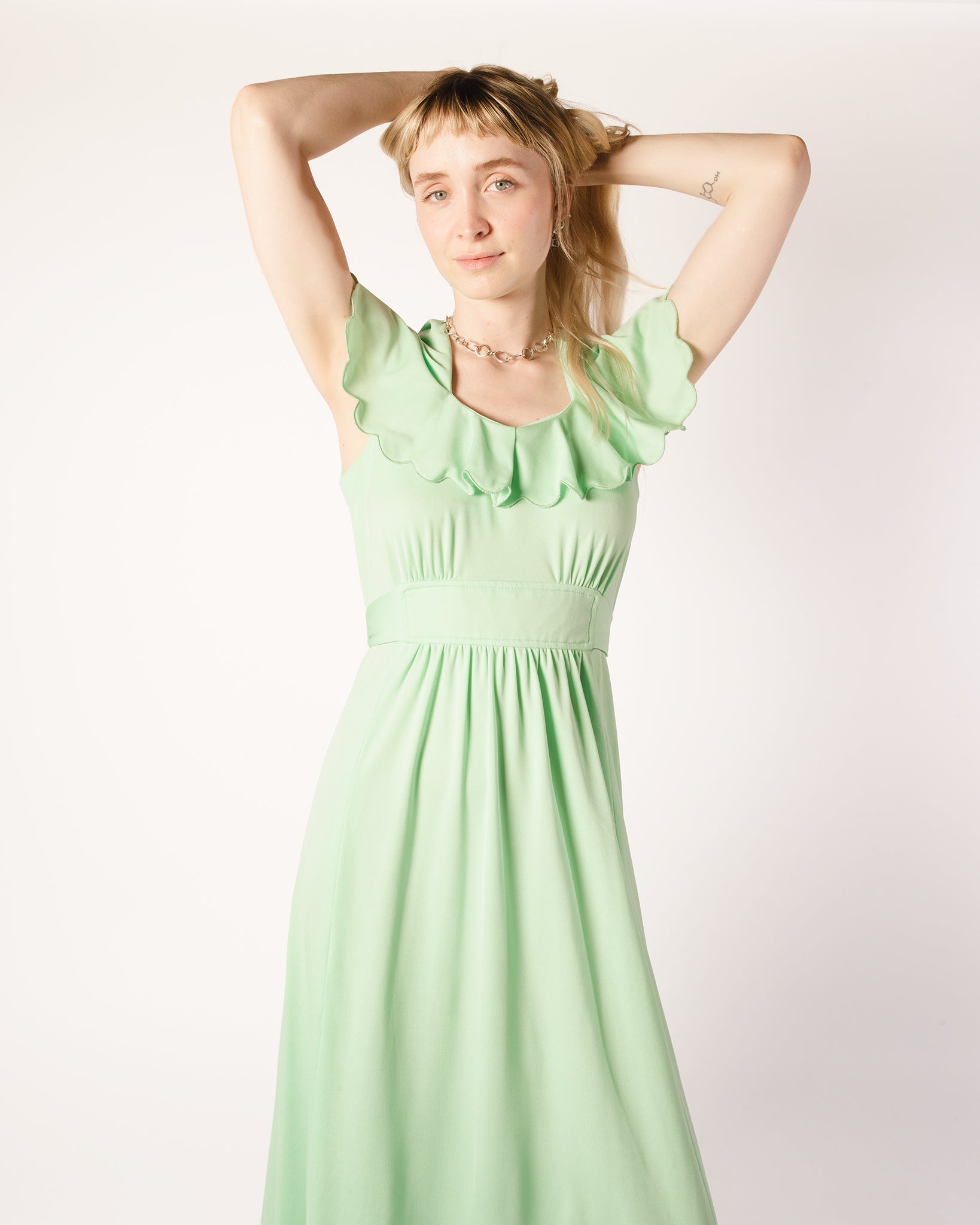 Mint Green 70s Jersey Maxi Dress with Scalloped Collar