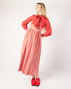 70s Red Gingham and Polka Dot Maxi Dress