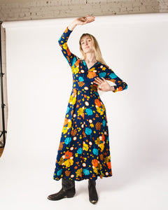1970s Bright Floral Maxi Dress in Soft Poly Jersey