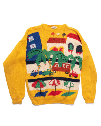 1980s I Magnin Cotton Knit Sweater with Tropical Street Scene